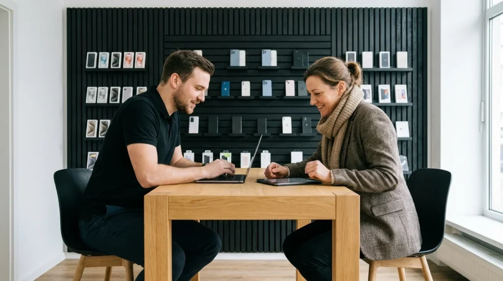 Beratungsgespräch an einem Tisch vor einer Smartphone-Wand im Laden