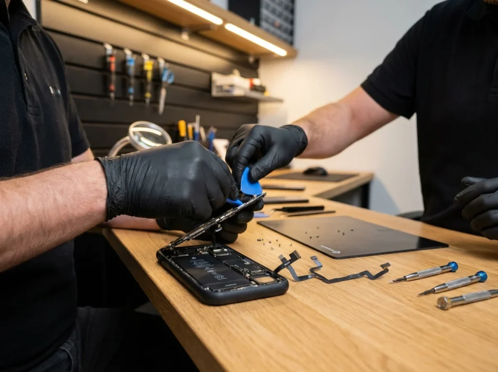 Techniker öffnet ein Smartphone mit Werkzeug an der Werkbank