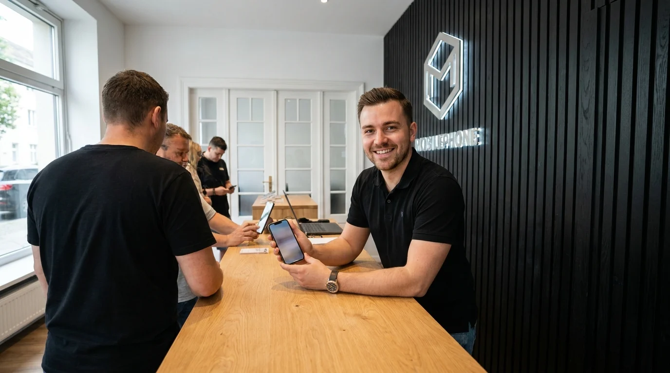 Team von Mobile Exclusive berät einen Kunden im Handyshop in Nürnberg